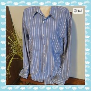 Karen Scott Blue and White Striped Buttondown Size Large